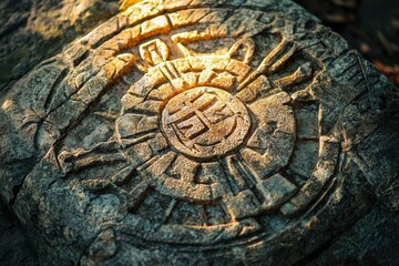 Fototapeta premium Ancient religious symbols carved in stone, free area.