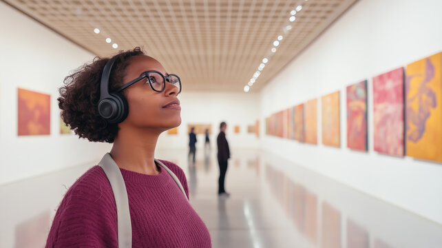 Visitor admiring paintings in an art gallery, listening to audio guide enhancing her cultural experience