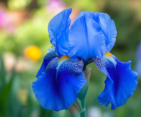 Blue Iris germanica or Bearded Iris on background of blurred green landscaped garden.