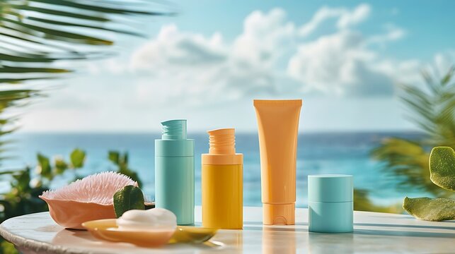 Sun protection body cream bottles displayed on a table with an ocean view, offering customization space