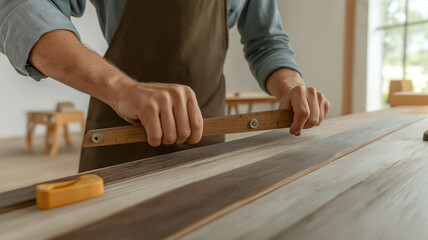 Skilled woodworker measuring wooden surface with marking gauge, showing meticulous craftsmanship and hand tool expertise