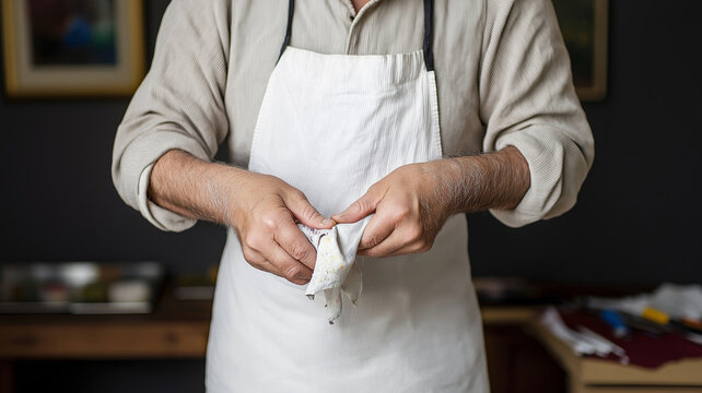 Artist wiping paint stained hands with worn cloth inside sunlit studio workspace, readying creative process
