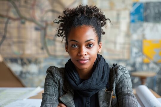 Capturing the dedication and focus of a young African American female architect as she works diligently on blueprints, cadastral maps, and city plans in her office.