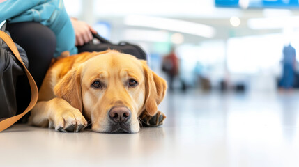 Service dog resting beside wheelchair user waiting near boarding gate, airport terminal, professional assistance companion