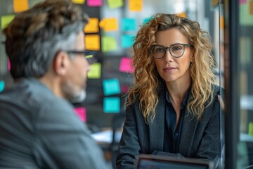 High angle shot of senior business woman and scrum master in a modern office, surrounded by sticky notes with agile methodology concepts. They are engaged in deep conversation