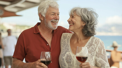 Senior couple toasting wine glasses, smiling while cruising on luxurious deck, celebrating retirement