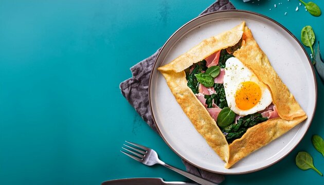 homemade buckwheat crepe galette with egg ham and spinach on gray background traditional french dish top view
