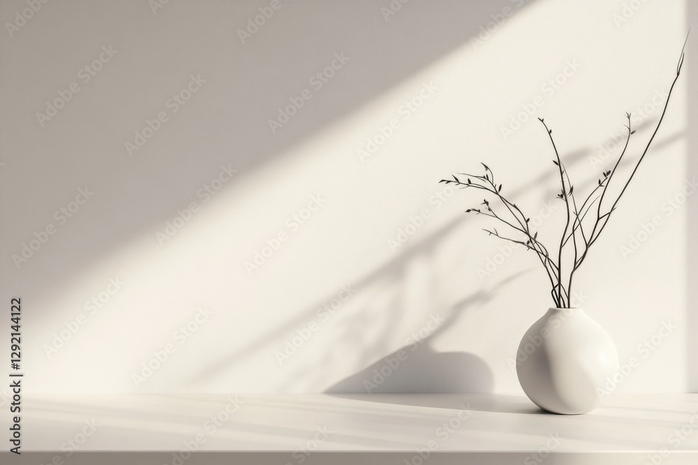 Poster minimalist decor featuring a white vase with branches against a sunlit wall in a serene indoor setti