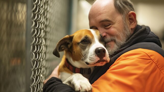 Senior Man Gently Hugs Happy Dog Shelter Adoption Rescue Loving Kindness Compassionate Animal Care  Brown White Furry Pet joy love bond hope trust    