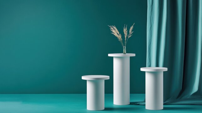 Three circular pedestals of varying heights are arranged against a teal backdrop, creating a visually appealing and minimalist design suitable for product displays