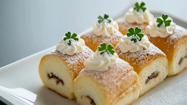 St Patrick's Day swiss rolls with shamrocks and cream