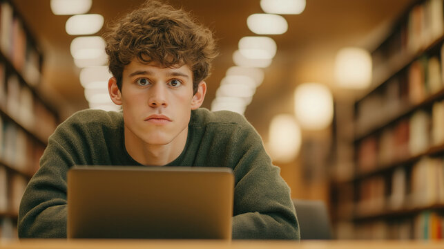 Young european man sitting at desk in public library, using laptop for online gambling, looking up with serious expression