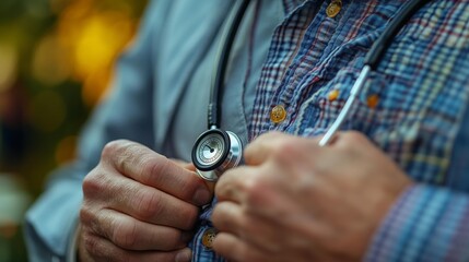 Doctor wearing a stethoscope examining a patient's chest during a check-up session outdoors. Generative AI