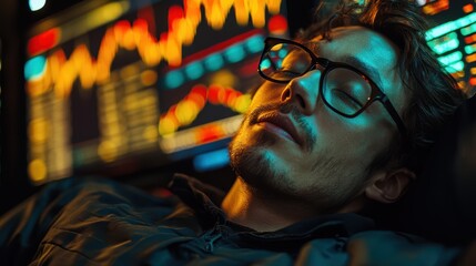 Sleepy Trader. Man Napping Near Stock Market Charts with Eye Glasses On (90 characters)