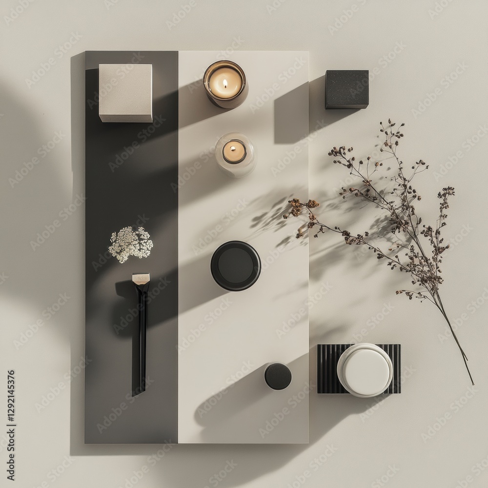 Aufkleber clean and minimalistic display of candles and natural decor arranged on a neutral background. genera