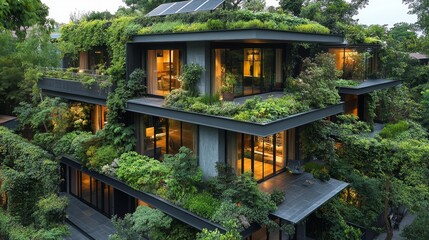 A Sustainable Building with Lush Greenery and Solar Roof Panels. Generative AI