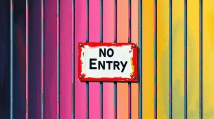 A vibrantly colored metal gate with a bold red sign reading "No Entry" attached to its front.