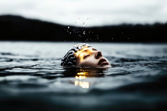 Conceptual image of brain-enhanced female emerging from water with illuminated mind