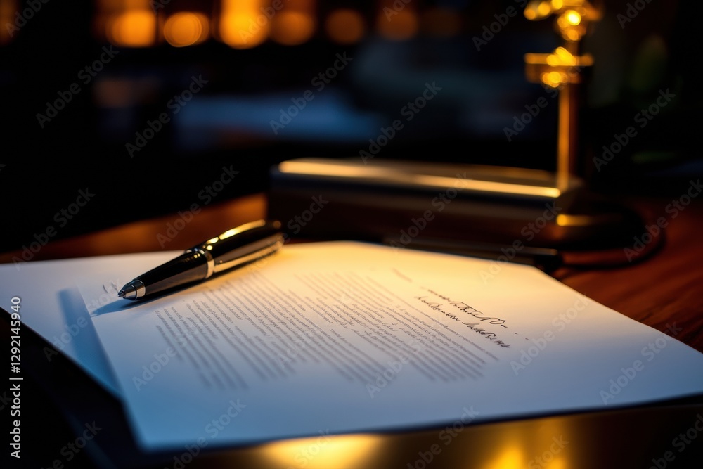 Poster Document with pen on desk illuminated by warm light during evening hours in quiet workspace. Generative AI