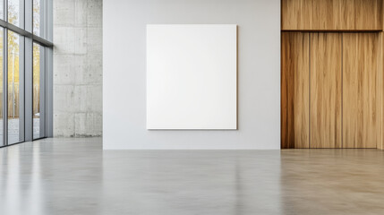 Large blank canvas hanging in modern hotel lobby with concrete and wood, perfect for showcasing artwork or advertisements