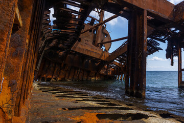 View inside of abandoned stranded dimitrios shipwreck at the beach of Valtaki, Peloponnese, Greece
