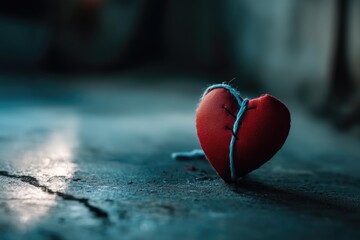 Broken red heart on ground with blue stitches symbolizing heartbreak and healing