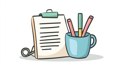Checklist clipboard, pens, mug, desk, office, planning