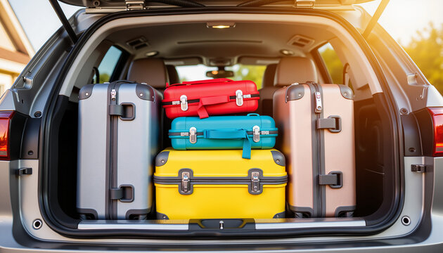 Packed car trunk with colorful suitcases ready for a fun spring break road trip adventure