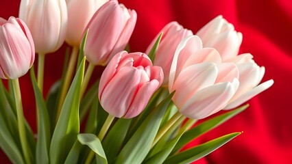 Naklejka premium Enchanting Fresh Tulips Soft Pastel Aesthetics on Deep Red
