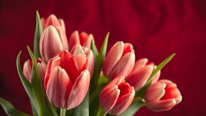 Naklejka premium Serene Beauty Fresh Tulip Bouquet in Soft Daylight, Vintage Film Aesthetic on Deep Red Background with Velvety Textures