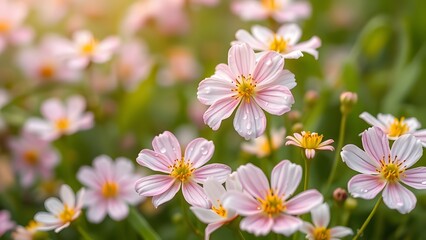 Obraz premium Tranquil Spring Morning Dewdrops on Blooming Flowers in Soft Pastel Aesthetics