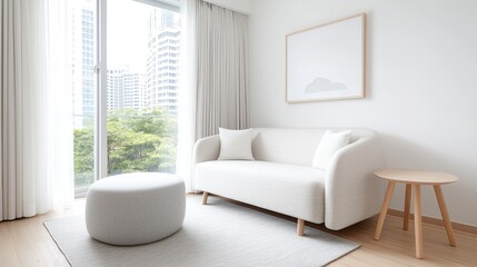 Modern living room with city view, minimalist design, relaxation, interior