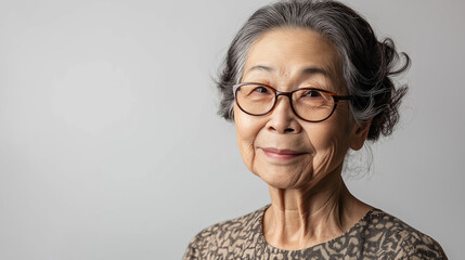 Obraz premium Senior asian woman wearing glasses, displaying gentle smile against white background, radiating calm wisdom and peace