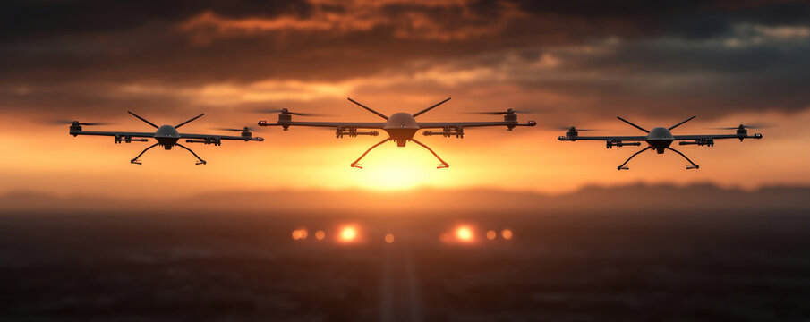 Military drones hovering in precise formation above desert base, silhouetted against dramatic sunset sky with brooding cloudscape