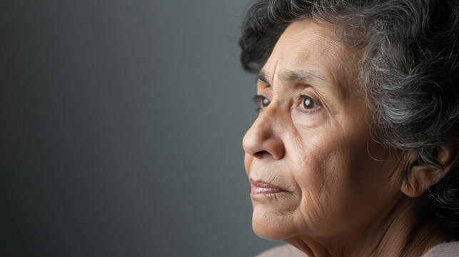 Close up of a senior hispanic woman with gray hair showing a thoughtful expression against a neutral gray studio background