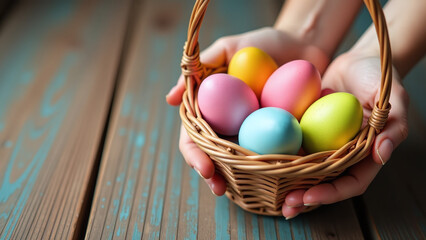 holding easter eggs wicker basket rustic wooden table hands securely