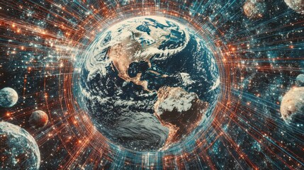 Global Network Connection: Earth with Data Streams and Other Planets