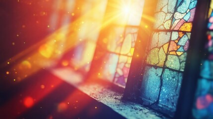 Distressed background. Colorful lens flare. Blue weathered faded stained glass with dust scratches texture smeared dirt blur rainbow light effect