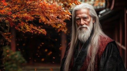 Obraz premium Autumn serenity portrait of a wise elder in a japanese courtyard