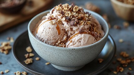 Vegan ice cream topped with granola and caramel drizzle in a ceramic bowl. Generative AI