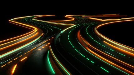 A futuristic highway with complicated routes, green and orange lights, black background.