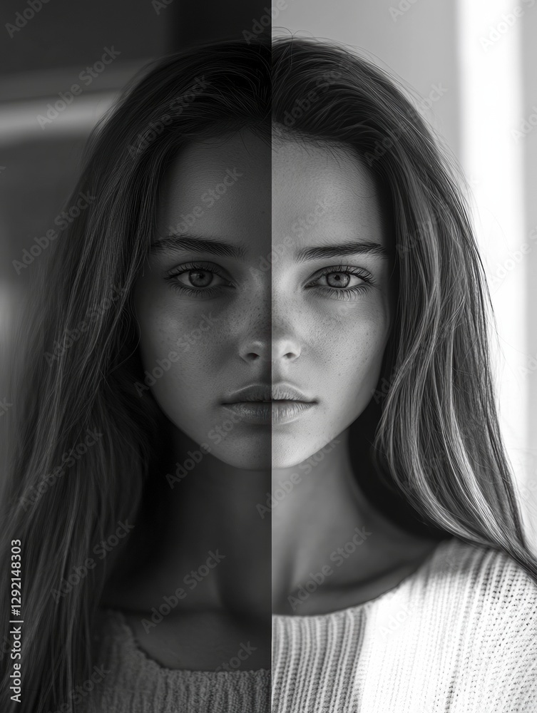 Poster Mood transformation depicted through grayscale sadness and vibrant expression in two contrasting halves of a face. Generative AI