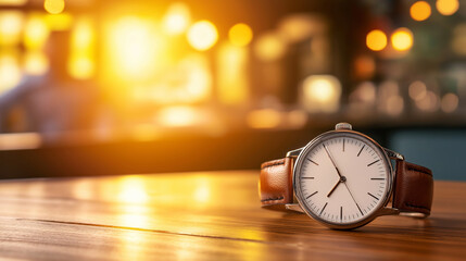 Elegant wristwatch with leather band resting on wooden bar counter with blurred patrons and bartender in background in warm sunset light