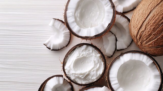Top-down frame homemade coconut cream with a white background, offering ample space for customization