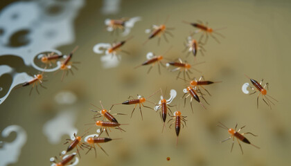 Swarm of Aedes aegypti mosquito larvae floating on water, emphasizing their breeding cycle and role in disease transmission worldwide