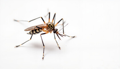 Aedes aegypti mosquito isolated on a white background, highlighting its role as a primary carrier of deadly mosquito-borne viruses