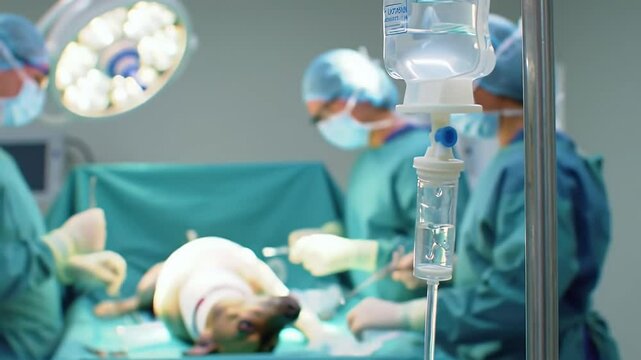 Veterinarian surgeons performing surgery, operating dog lying on a surgical table, saline solution dripping from an iv bag in the foreground, bright surgical lights illuminating the scene