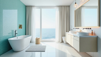 Turquoise bathroom interior with ocean view and modern design features