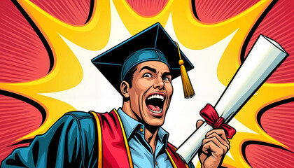 Excited graduate, celebratory expression, diploma in hand, comic style, vibrant colors, copy space