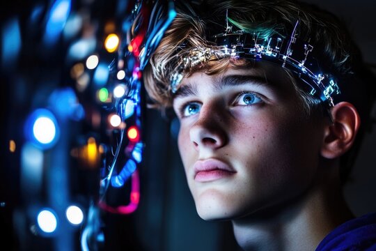 Young caucasian male experiencing virtual reality with led lights